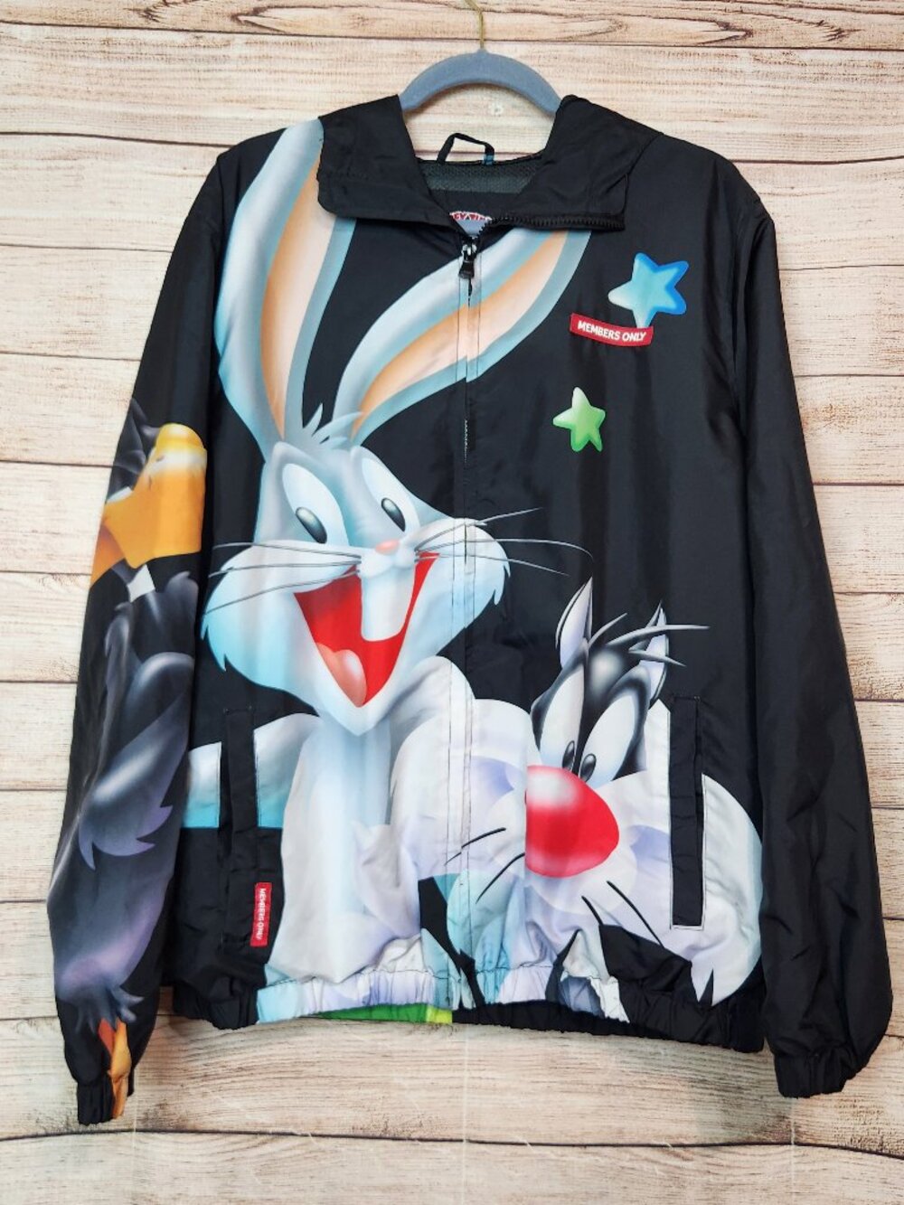 Members Only Looney Tunes Windbreaker w/Hood Hoodie Black Size Large
